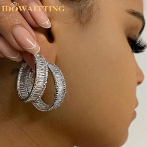 2021 New Luxury Gold Color Iced Out Round Circle Baguette CZ Earring Hip Hop Bling Cubic Zirconia Hoop Huggie Earrings For Women
