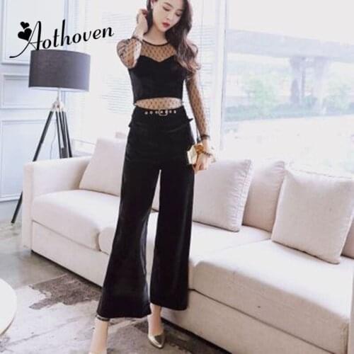 Two Piece Set 2020 Spring Office Business Suit Women Casual Gauze Patchwork Long Sleeve Tops and Wide Leg Pants 2 Piece Sets