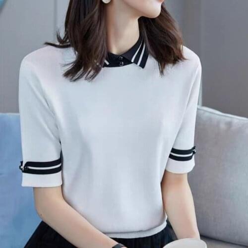 Korean half-sleeved ice silk knit sweater womens new black was thin and elegant style striped blouse summer