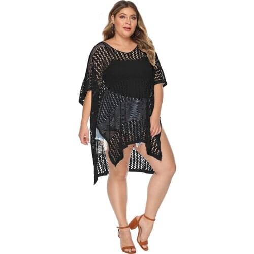 4xl Plus Size Beach Cover Up Crochet Dress Women Summer 2020 Bikini Cover-ups Salidas De Playa Para Mujer Vestidos Tunic Black