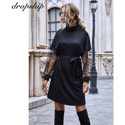 2021 Spring Clothes Womens Black Chiffon Midi Length Dress Autumn Mesh Sleeve Party Dress Womens Long Sleeve Elegant Dresses