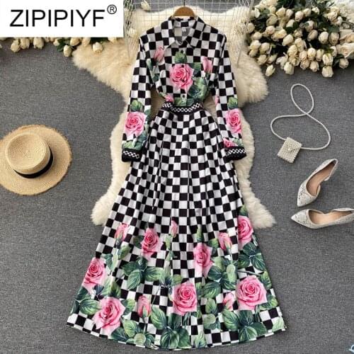 Summer Ladies Dress Women 2021 New High Waist Long Sleeve Chiffon Polo Neck Medium Polyester Print Black Quality Dress D006