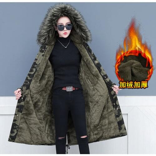 Womens 2020 Winter Camouflage Cotton Coat Female Mid-Length Zipper Pocket Plus Velvet Thick Camouflage Hooded Parkas Mujer E361