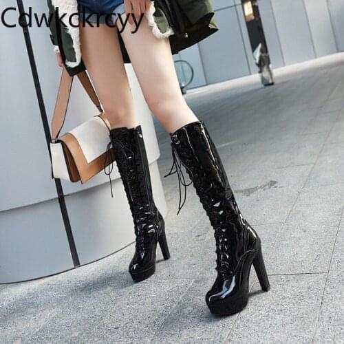 Winter The New fashion Round head Thick heel 12CM long Boots black Sexy cross Lace Plus velvet Keep warm High heel Women boots