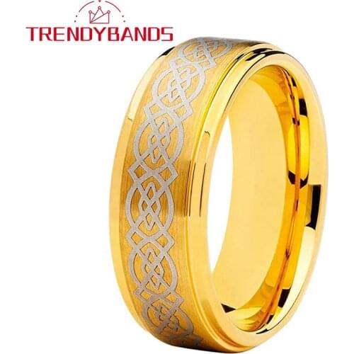 8MM Gold Tungsten Carbide Ring for Men Women Laser Engraved Wedding Bands Brushed Finish Stepped Edges Comfort Fit