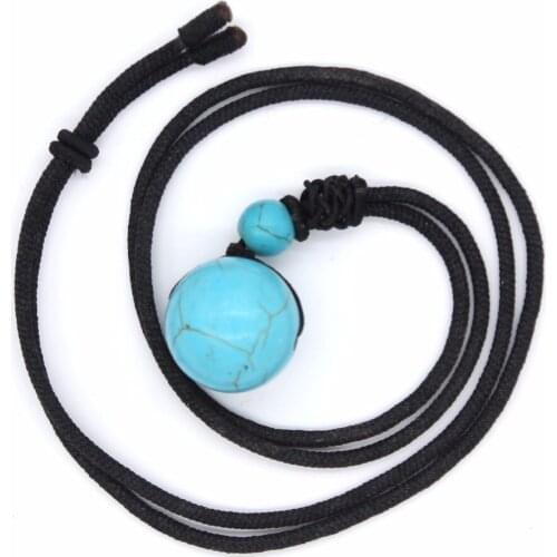 100-Unique 1 Pcs Ethnic Style Round Beads Pendant Green Turquoises Stone Necklace with Black Rope Chain Jewelry