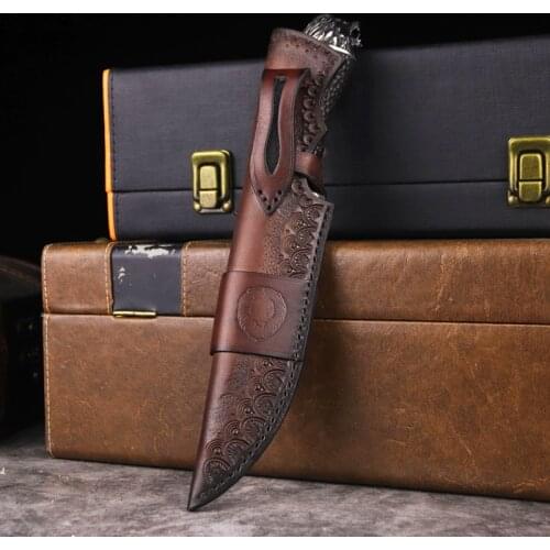 3D Lion head handle Tactical Knife Damascus steel outdoor hunting straight camping knife home collection knife + scabbard