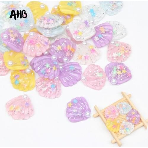 AHB 3cm Shiny Resin Shells With Pearl Sequin Accessories Handmade Decor Material DIY Kids Hair Rope Ornament Materials 10pcs