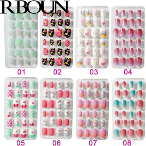 Childrens false nails art press on kiss nail fake short tips coffin stick designs clear display set full cover artificial