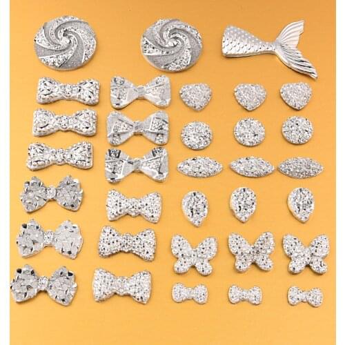 20-50Pcs Mixed Styles Silver Bow Round Flower FlatBack Resin Loose Gems for Craft Making Ornament Scrapbooking DIY