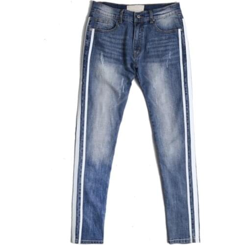 Striped jeans moto biker mens Hole classics Best version zippers skinny slim fit mens holes style cotton Denim ripped jeans