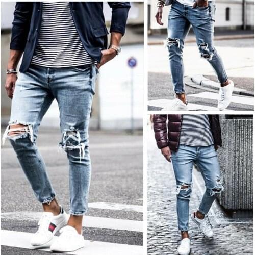 Fad Mens Jeans Ripped Cool Stretch Elastic Denim Pants For Male Spring Summer Autumn Gothic Broken Hole Pants Moto Biker Jeans