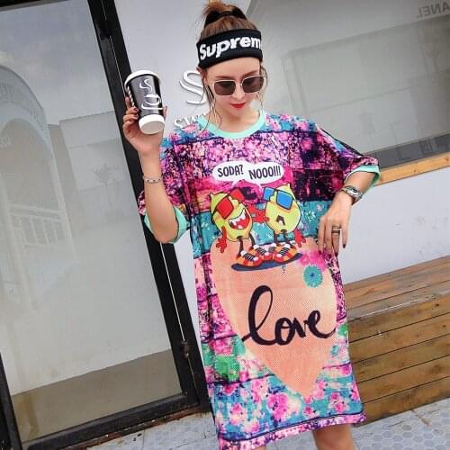 Summer T Shirt Women Oversized Cartoon Print Tshirts Female O-Neck Mesh T-Shirts Ladies Streetwear Long Tees Big Size Tops