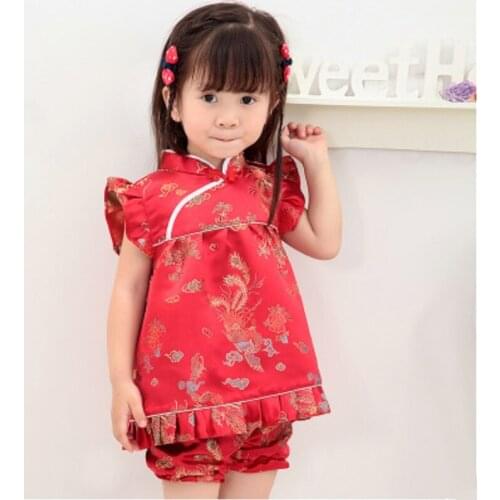 Baby Girl Tang Suits Set Traditional Chinese Style Children Set Brocade Dress Ruffled Sleeve Tops with Short Pants Girls Clothes
