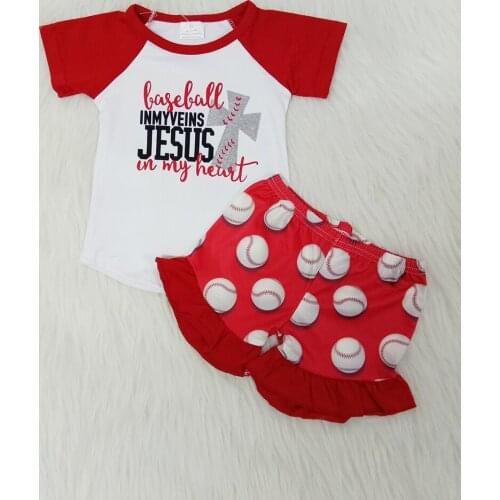 Summer fashion boutique children clothes girl red sleeve top and ruffle shorts Easter day outfit wholesale outfit with letters