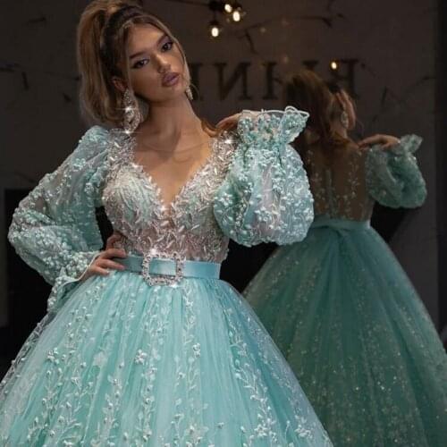 Pretty Mint Green Floral Lace Evening Dresses Puffy A-line Beaded Prom Gowns Full Sleeves Abendkleider 2020