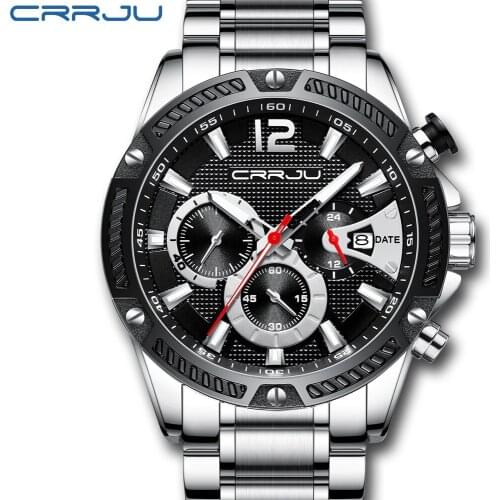 CRRJU Fashion Mens Watches Stainless Steel Top Brand Luxury Sport Chronograph Quartz Watch Men Sliver Watch Relogio Masculino