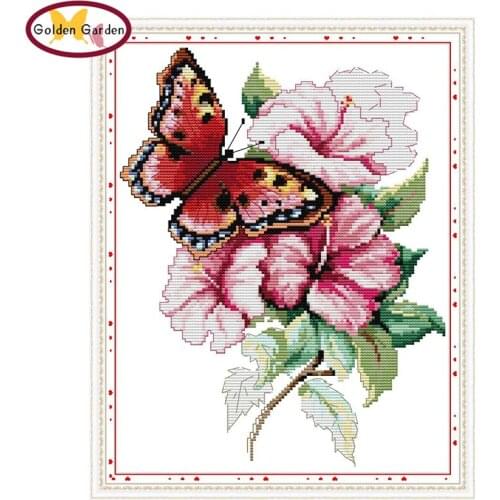 GG Butterfly Love Flower Cross Stitch Embroidery Needlework Set Chinese Joy Sunday 11CT Cross Stitch Stamped Kits for Home Decor