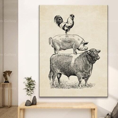 Farm Poultry Cow Pig Chicken Vintage Poster Kitchen Decor French Country Farmhouse Retro Wall Art Picture Canvas Painting Prints