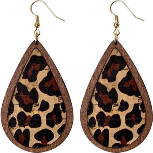 Natural Wooden KANDRA Cork Leopard Teardrop Dangle Earrings for Women Handcrafted Softwood Vintage Boutique Jewelry Accessories