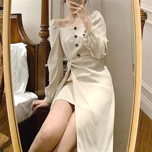 Autumn Women Elegant Dress Casual Office Lady Midi Dress Chic Square Collar Long Sleeve Sexy Party One Piece Dress Korean 2021