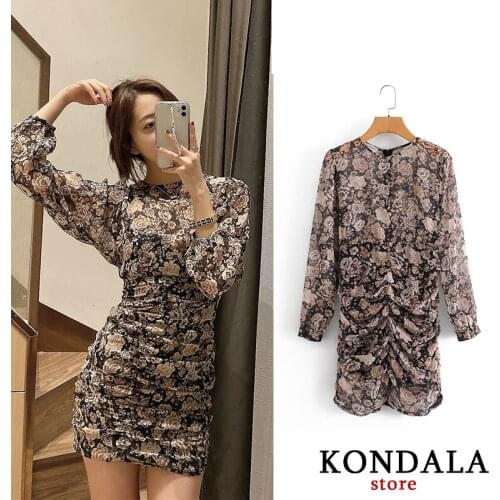 KONDALA Women Dress Za Vintage Chiffon Floral Print O-Neck Sheath Party Dress Long Sleeve Drapped Sexy Mini Dress Vestidos Mujer