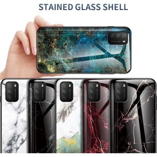 POCO M3 Luxury Marble Tempered Glass Back Case For POCO X3 NFC F2 Pro Soft TPU Frame Silicone Back Cover Case
