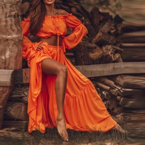 Casual Autumn Women 2 Piece Set Summer Ruffle Tie-Up Crop Tops + Long Skirt Suits Elegant Off Shoulder Long Sleeve Lady Outfits