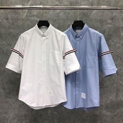 2021 Fashion TB THOM Brand Shirts Men Slim Fit White Half Sleeve Casual Shirt Cotton Oxford Fabric Solid Summer Mens Clothing