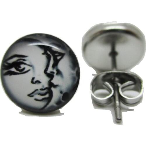 Moon & Sun Stud Post Earrings Jewelry Glass Dome Earrings for Women Gift Kawaii 14MM