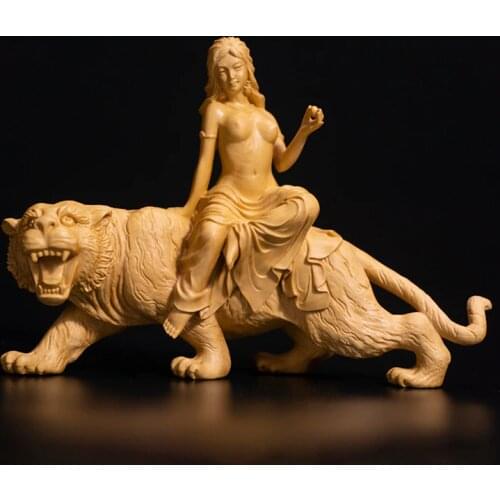 14cm Beauty Riding Tiger Sculpture Room Decoration Boxwood Figure Solid Wood Statue Home Decor