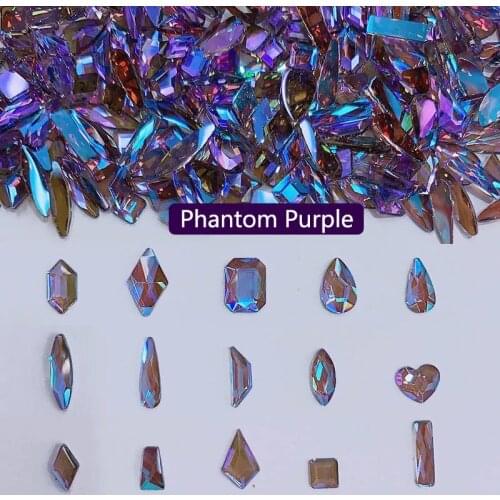 30/100Pcs Nail Art Rhinestones Holo Flat Shaped Elongated Teardrop Rectangle Phantom Purple Stones For 3D Nails Decorations