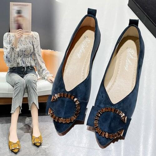 Womens Flat Shoes, Korean Style Fashion Square Buckle Suede Pointed Soft Shoes