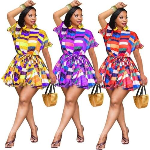 Plaid Printed Boho Dress for Women Plus Size Short Mini Vintage Tunic Dresses L~4XL Sexy Femme Elegant Short Sleeve Vestidos