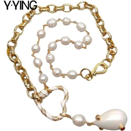 Y·YING natural White Rice Freshwater Pearl Chain Necklace Sea Shell Pearl Pendant 20"