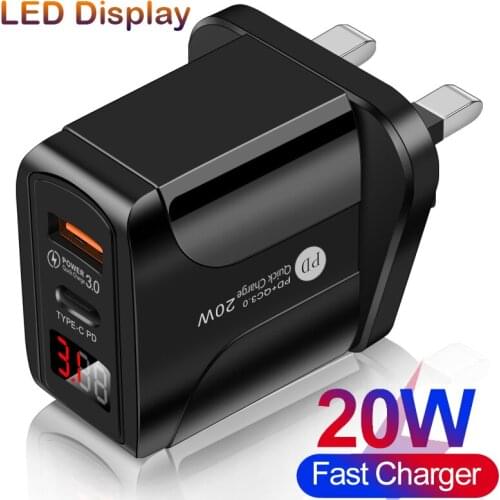 20W LED Display Quick Charge 3.0 PD Charger For iPhone 12 Pro Max Mini 11 Xs Xr QC USB Fast Charging For iPad UK Type C Adapter