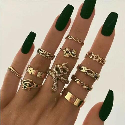 Fashion Gold Geometric Snake Eye Rose Flower Five-pointed Star Set Ring For Women Trendy Personality Rings Boho Vintage Jewelry