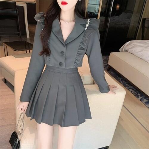 Fall 2021 Womens Two-piece Suit Fashion Looks Thin Ruffled Beaded Suit Jacket + High-waist Pleated Skirt Festival Clothing