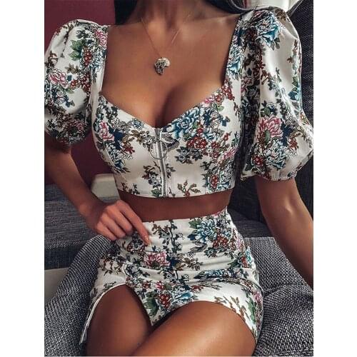 STYLISH LADY Floral Printed 2 Piece Set Women 2020 Summer Puff Sleeve Square Neck Front Zipper Crop Top and Split Skirt Set Suit