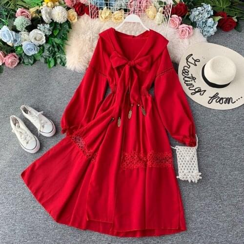 Runway Designer 2020 Women Hooded Dress Elegant V-neck Long Sleeve Autumn Red Dress Vintage Hollow Out Embroidery Midi Dress