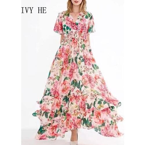 IVY HE High Quality Summer Dress Woman Clothing Ruffles Elastic Waist Print Princess Midi Long Dress Traf Robe ZA Party Dresses