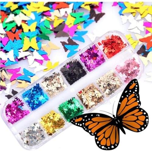 12 Colors Butterfly Thin Glitter Nail Sequins Nail Art Flakes Colorful Confetti Glitter Sticker Decals Symphony bow sequins #E