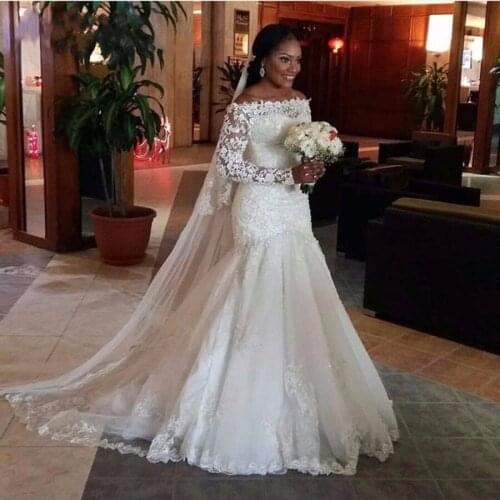 2019 Plus Size Mermaid Wedding Dresses Vestido de Noiva Long Sleeves White Ivory Off Shoulder Lace Bridal Dress Robe De Mariee