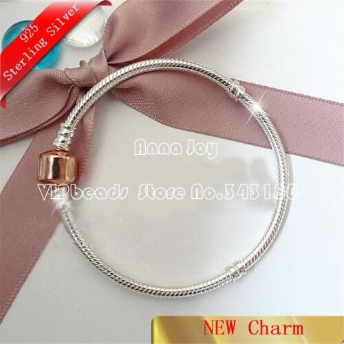 925 Sterling Silver Bracelets Round Barrel Clasp Chain Snake charm Bracelet Fits European Charm Beads RC003