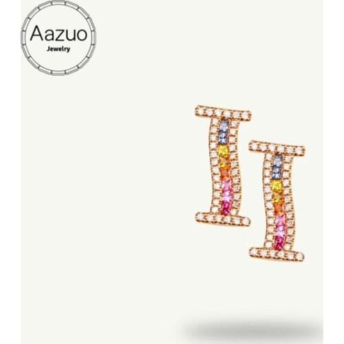 Aazuo 18K Jewelry Rose Gold Natural Coloured Gemstone Real Diamond Initial Lucky 26 Letters Stud Earring gifted for Women Au750