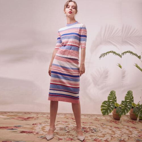 Bella philosophy autumn women striped two piece set knitted o-neck sweater female high elastic waist skirt