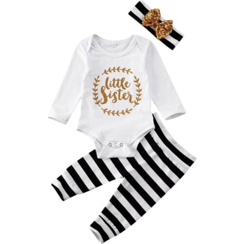 Newborn Toddler Baby Girl Romper Letter Print Tops Striped Long Pants Headband 3PCS Outfits Cotton Clothes Suit