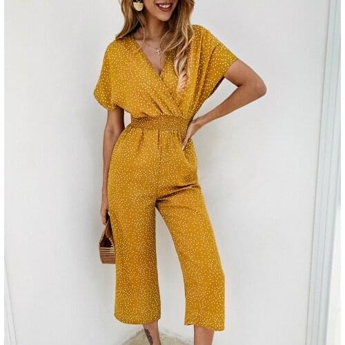 Summer Jumpsuit Women Fashion Cotton Short Sleeve Dot Print V-neck Wide Leg Loose Jumpsuits 2021 Casual Rompers Pocket Overalls