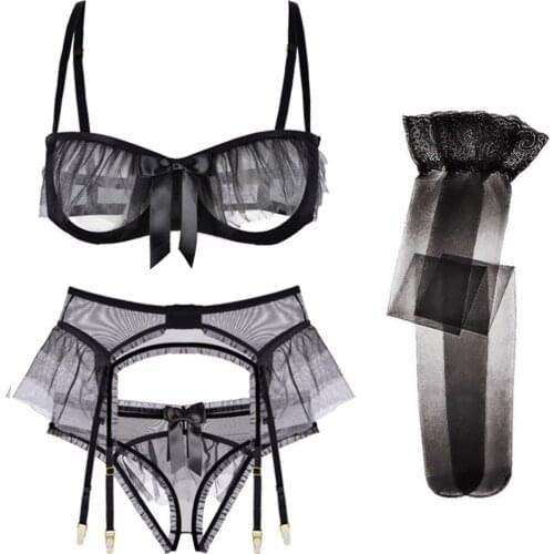 Black and white gauze bra set bow sexy 4 piece set garter stockings with underwire euramerican