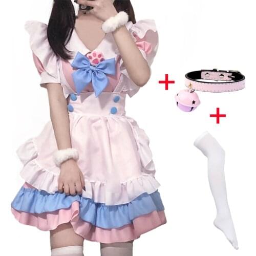 4 Styles Anime Maid Lolita Cosplay Costume Pink Dress Cat Claw Maid Bow Includes Bell Collar and White Stockings